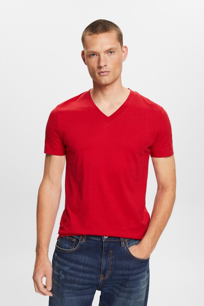 Jersey T-shirt met V-hals, 100% katoen, DARK RED, detail image number 0