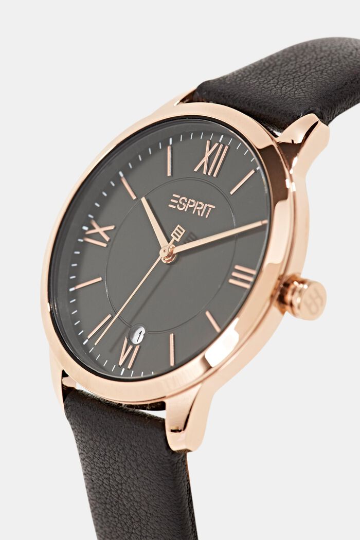 Edelstalen horloge met roségoud en een leren bandje, BLACK, detail image number 1