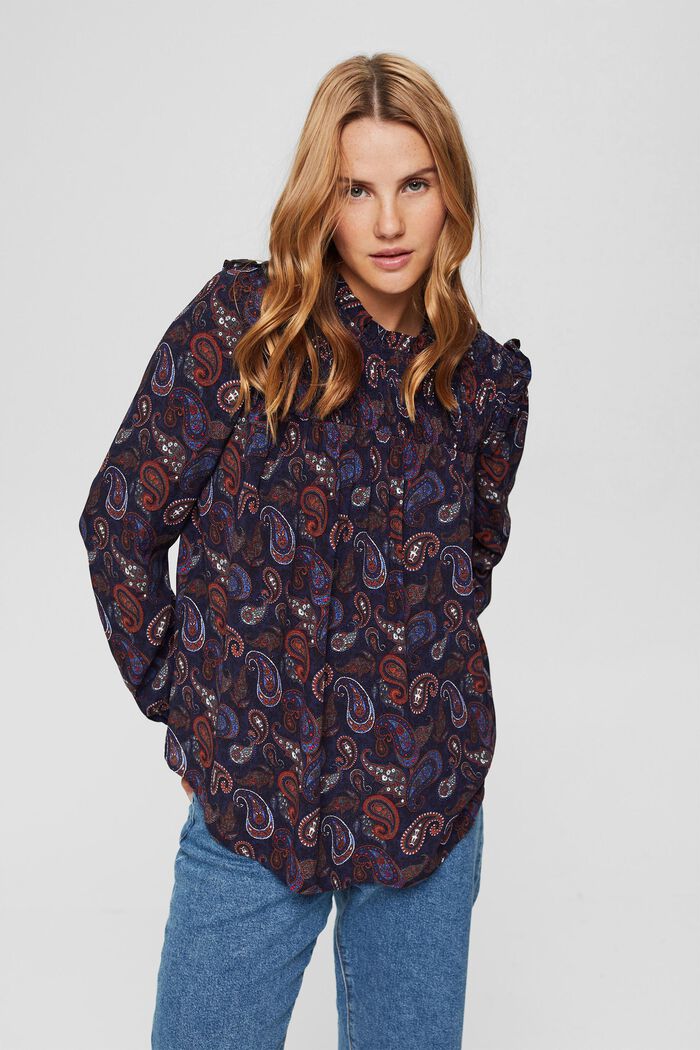 Gesmokte blouse met paisleyprint, LENZING™ ECOVERO™, NAVY, detail image number 0