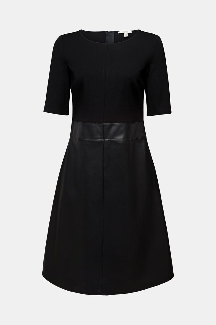 Jersey jurk met rok van imitatieleer, BLACK, overview