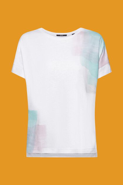 T-shirt van een viscose-linnenmix met print op de borst, WHITE, overview
