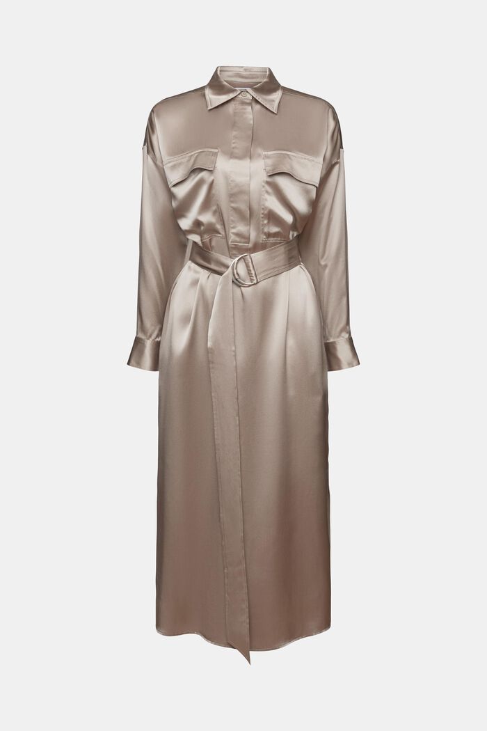 Zijden midi-jurk met ceintuur, LIGHT TAUPE, detail image number 6