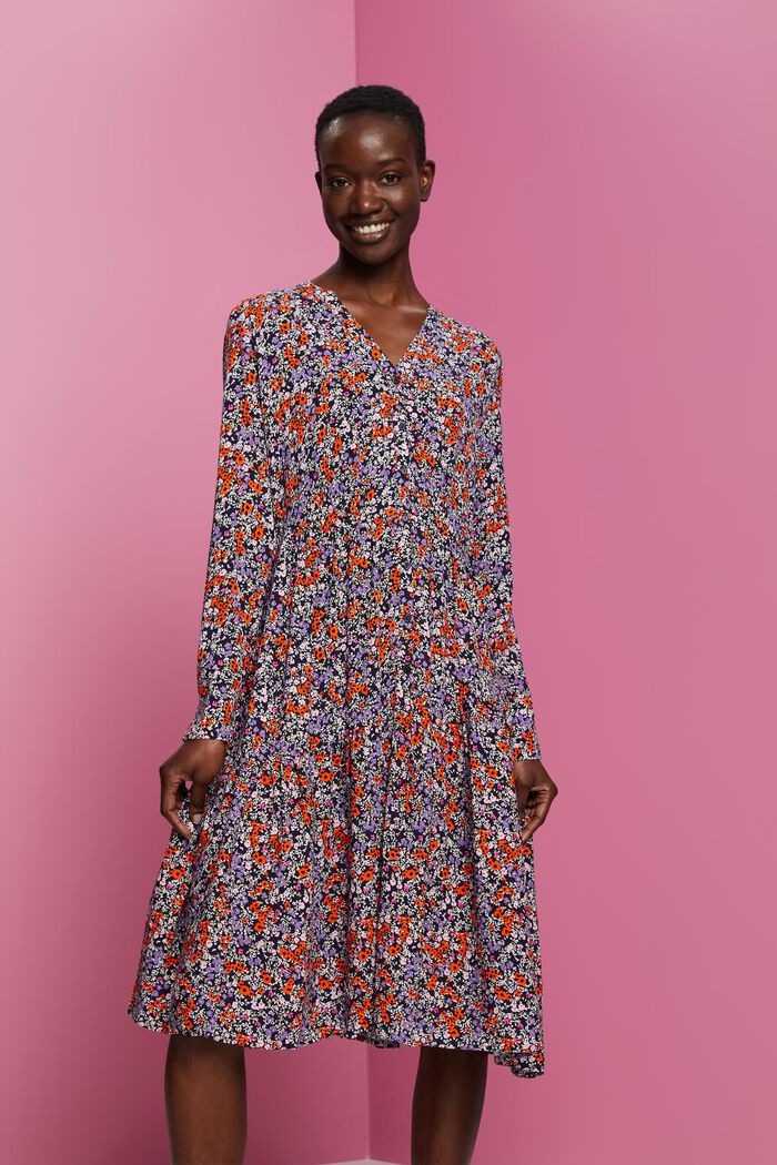 Midi-jurk met bloemenprint all-over, NAVY, detail image number 0
