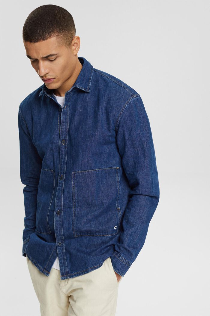 Met linnen: denim overhemd met zakken, BLUE MEDIUM WASHED, detail image number 0