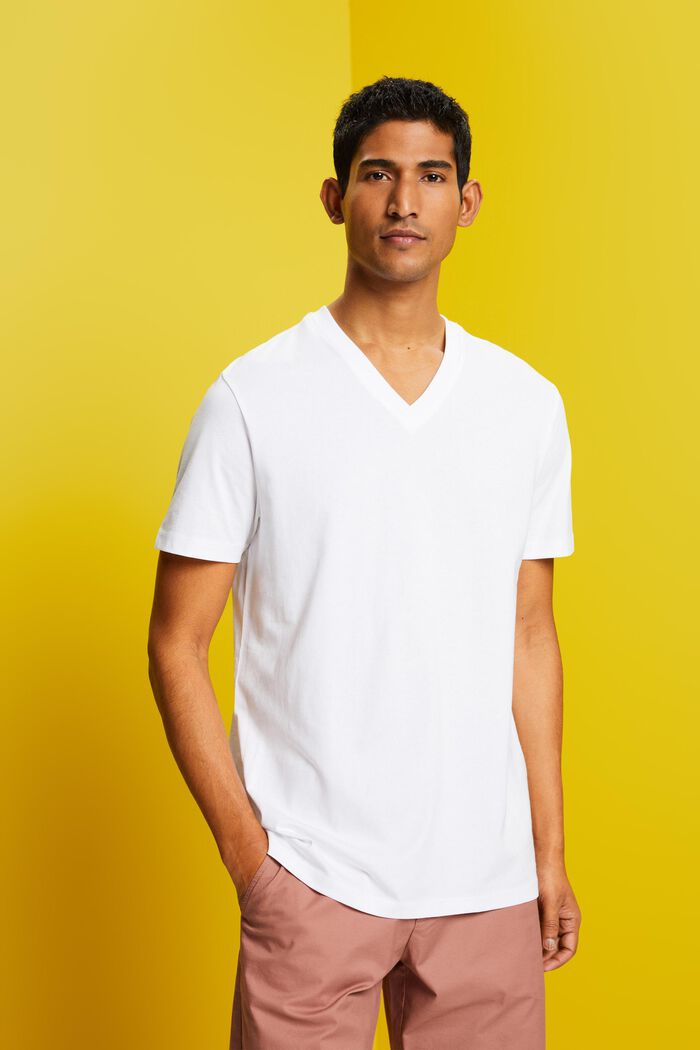 T-shirt met V-hals, pimakatoen, WHITE, detail image number 0