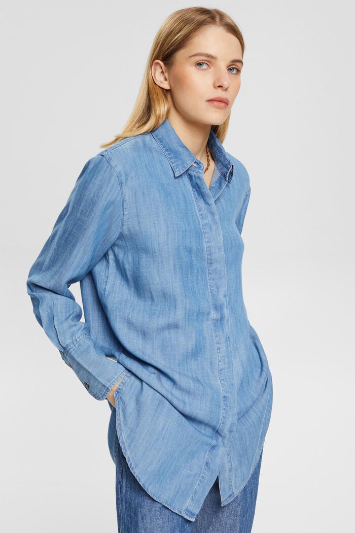 Van TENCEL™: oversized blouse met denim look, BLUE MEDIUM WASHED, detail image number 0