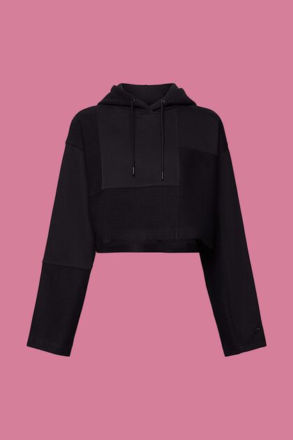 Cropped hoodie met patchwork, BLACK, overview