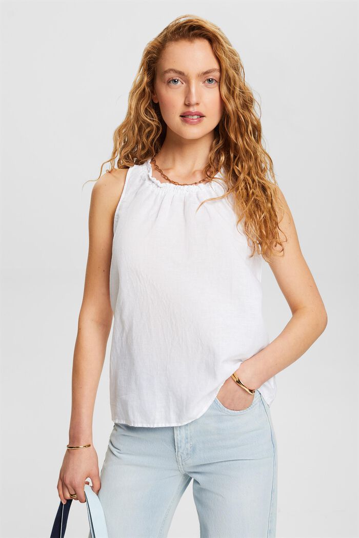 Mouwloze gesmokte blouse van linnen-katoen, WHITE, detail image number 0