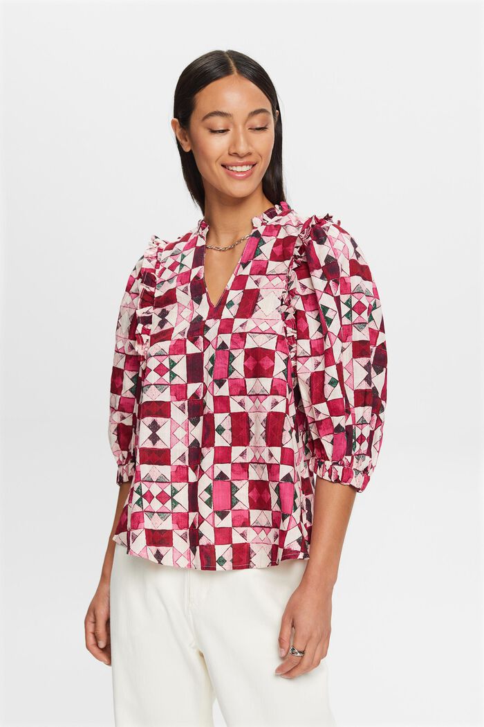 Katoenen dobby blouse met ruches langs de boord, PINK FUCHSIA, detail image number 0