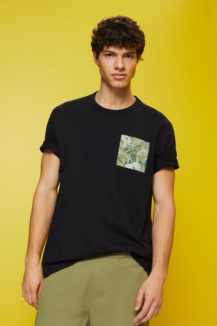 Jersey T-shirt met print op de borst, 100% katoen, BLACK, detail image number 0