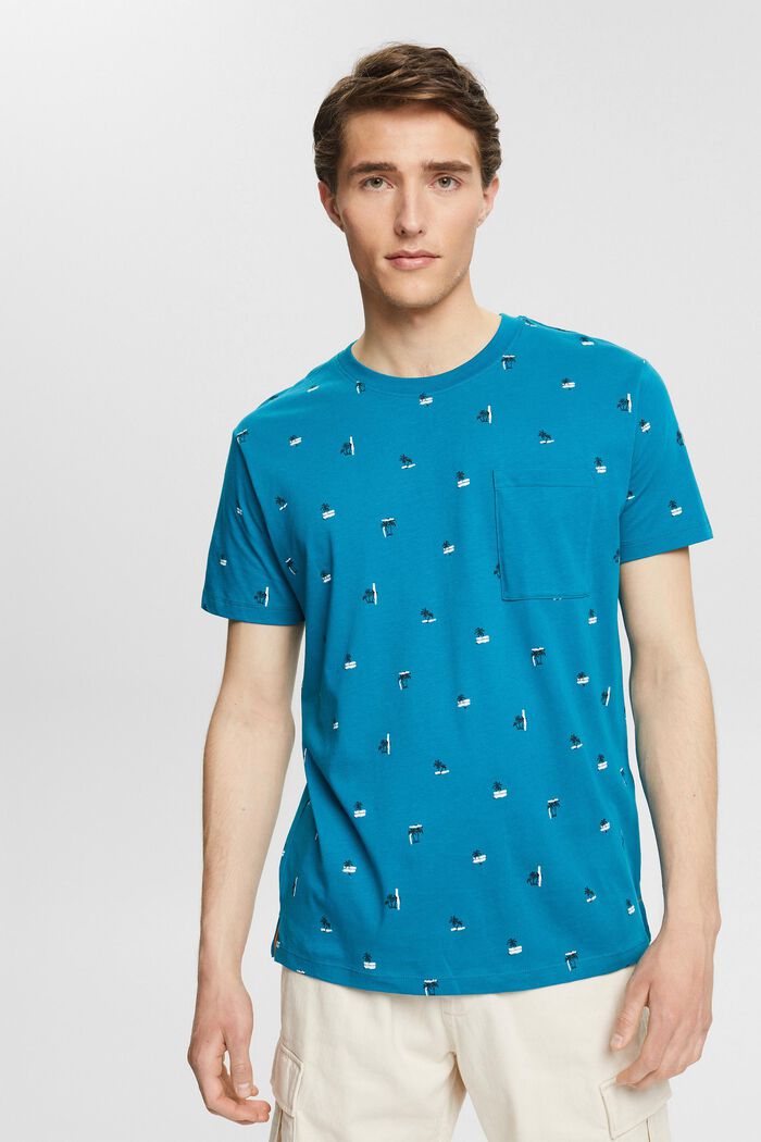 Jersey T-shirt met palmenmotieven, TEAL BLUE, detail image number 0