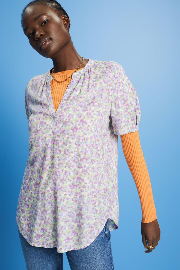 Gebloemde blouse met hals met split, PURPLE, detail image number 0
