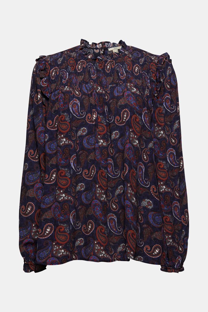 Gesmokte blouse met paisleyprint, LENZING™ ECOVERO™, NAVY, overview