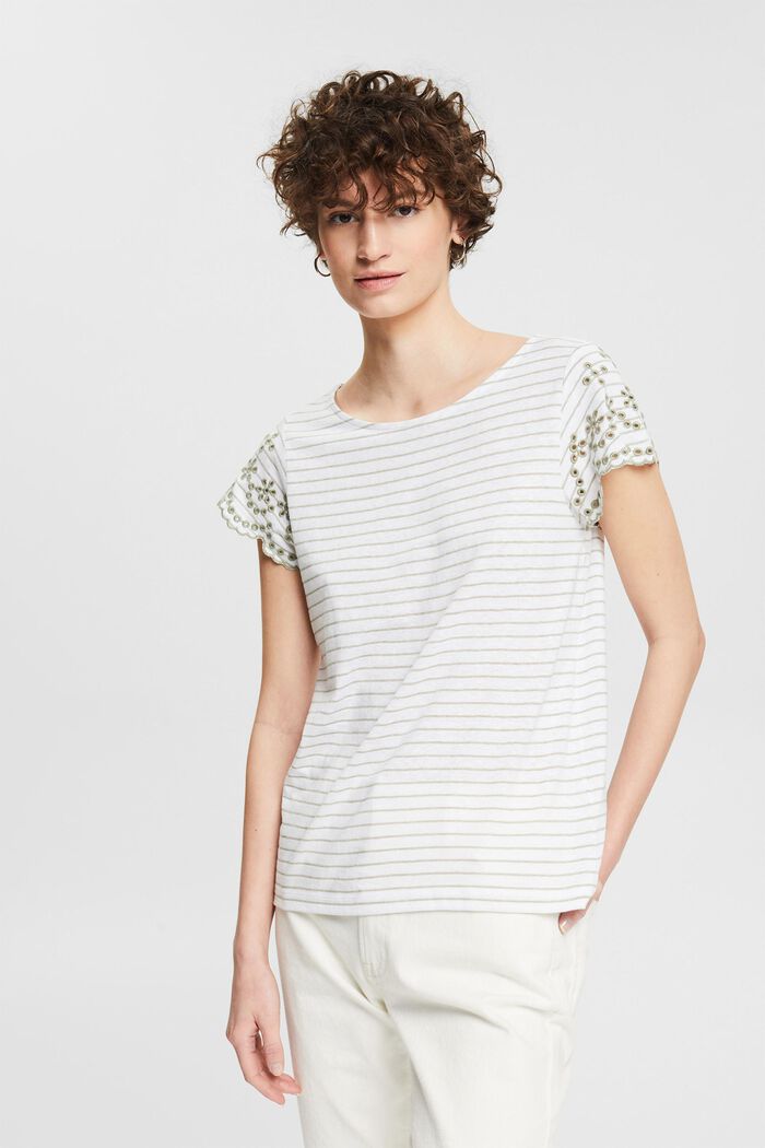 Gerecycled: gestreept T-shirt met opengewerkt borduursel, NEW WHITE, detail image number 0