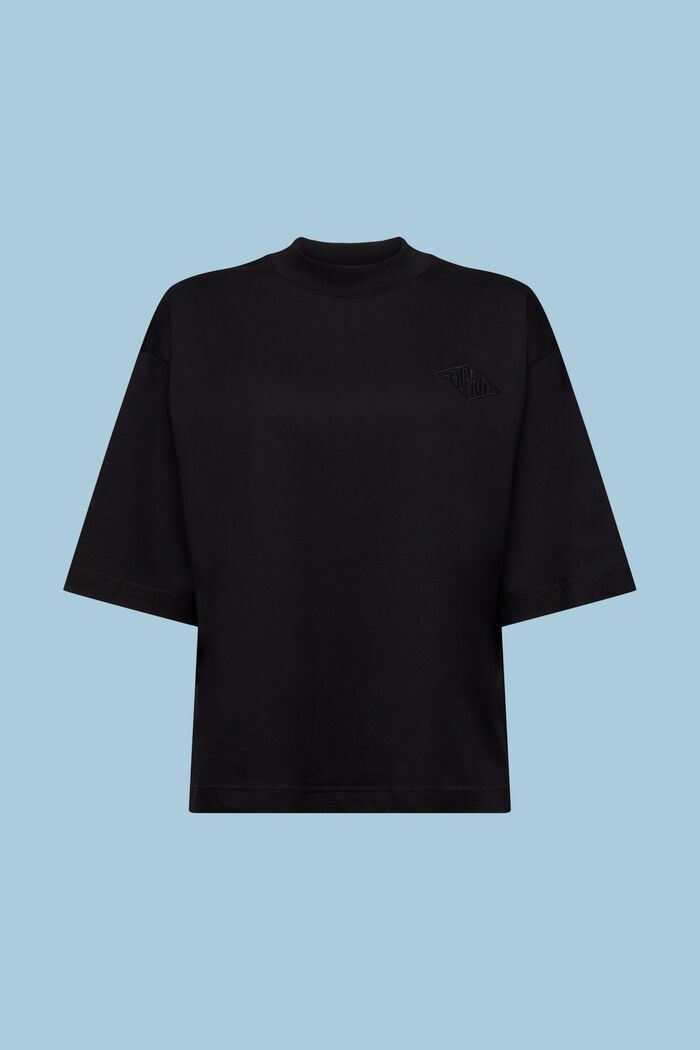 Katoenen shirt met logo en gesuggereerde kraag, BLACK, detail image number 6