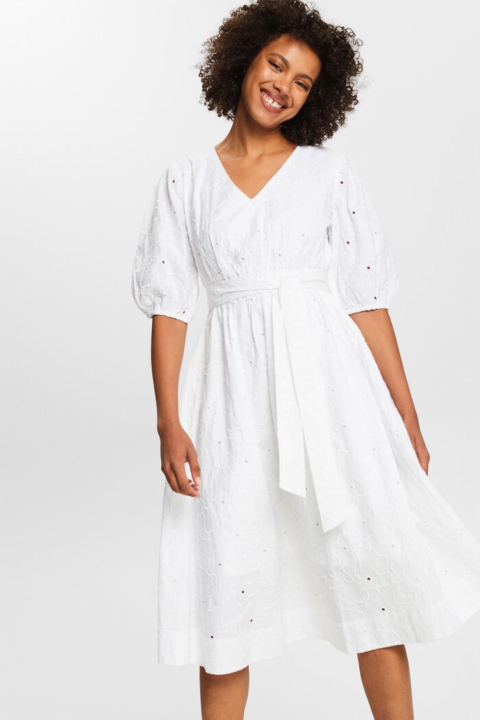 Midi-jurk met pofmouwen en ceintuur, WHITE, detail image number 0
