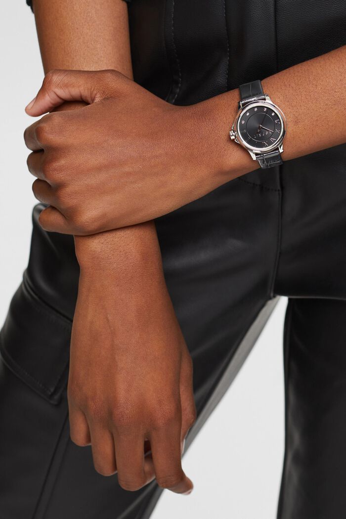 Edelstalen horloge met leren bandje, BLACK, detail image number 2