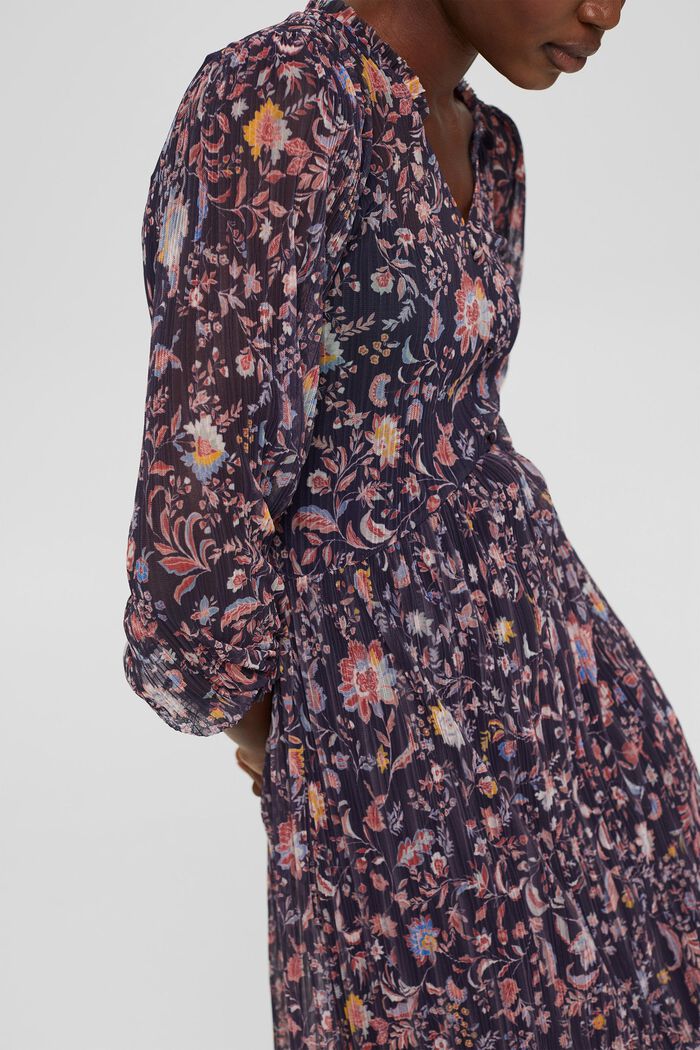 Geplooide mesh jurk met bloemenprint, NAVY, detail image number 3
