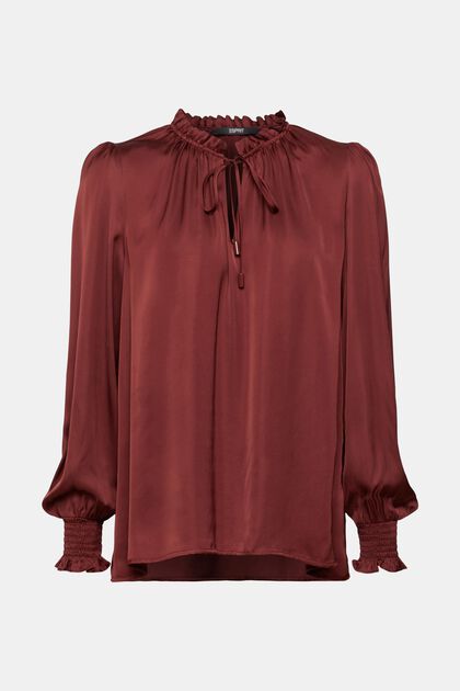 Satijnen blouse met gerimpelde kraag, LENZING™ ECOVERO™