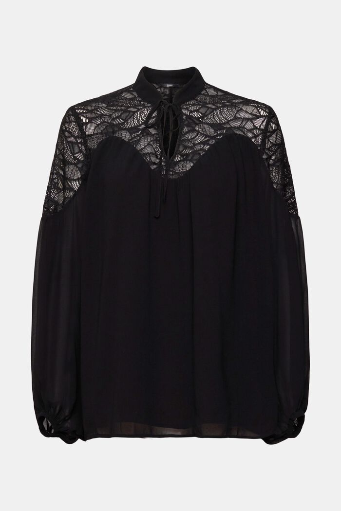 Chiffon blouse met kant, BLACK, overview