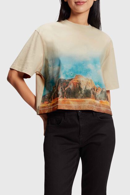 Cropped T-shirt met schuine landschapprint op de voorkant