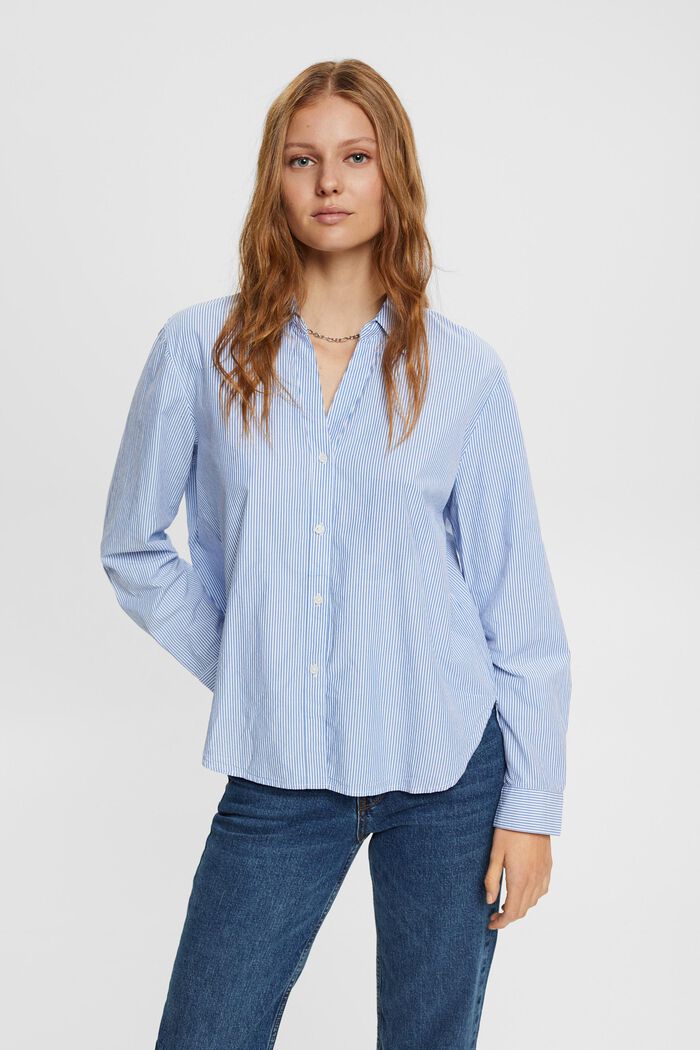 Gestreepte katoenen blouse met V-hals, BRIGHT BLUE, detail image number 0