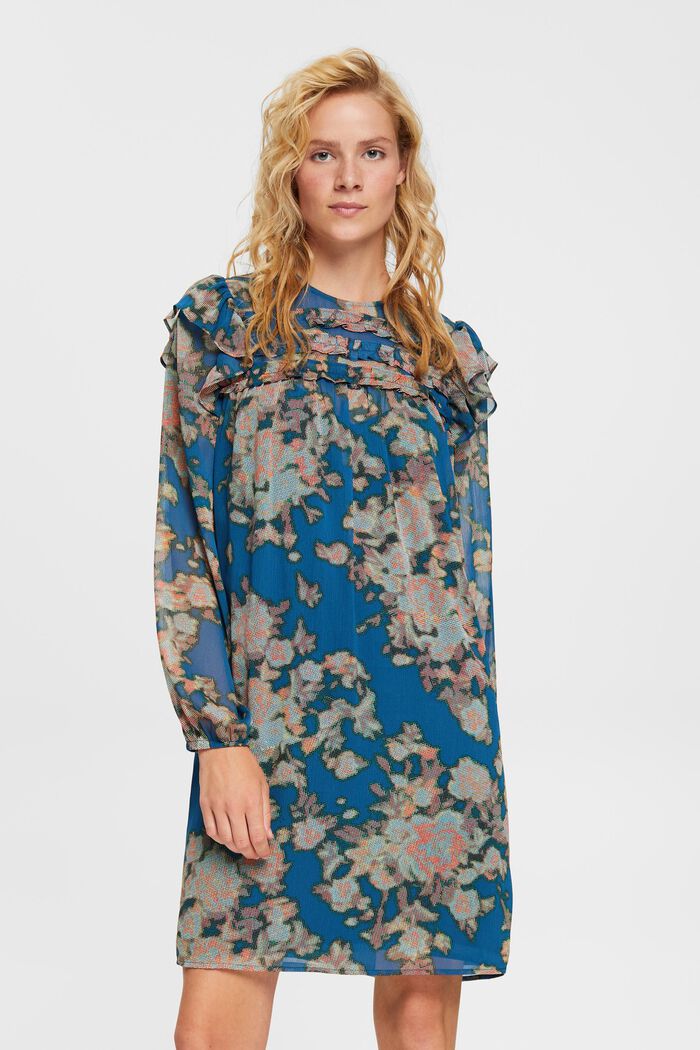 Chiffon jurk met motief, TEAL BLUE, detail image number 0