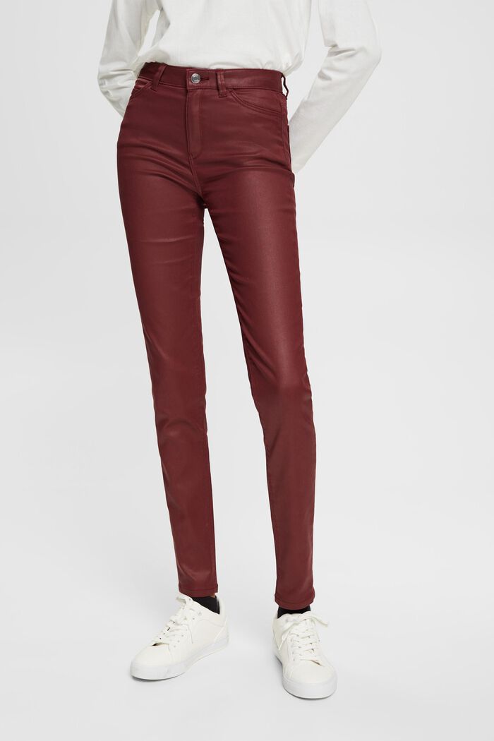 High-rise slim fit broek van imitatieleer, BORDEAUX RED, detail image number 0