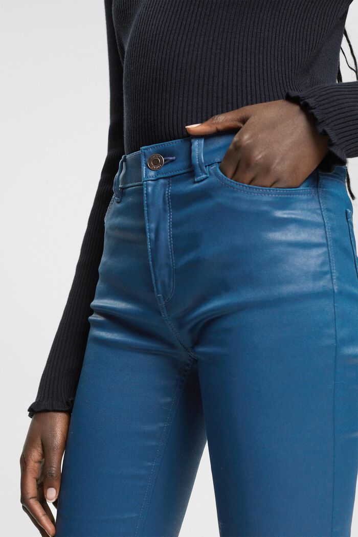 High-rise slim fit broek van imitatieleer, PETROL BLUE, detail image number 2