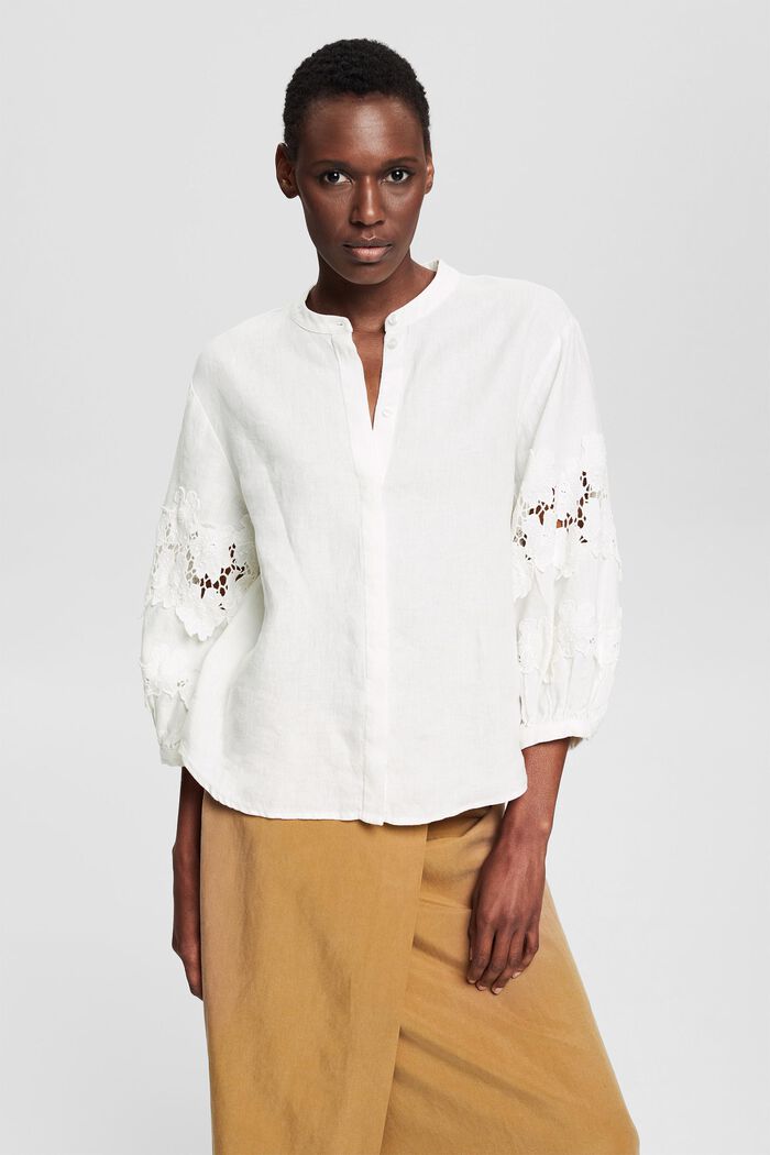 Linnen blouse met bloemenborduursel, OFF WHITE, detail image number 0