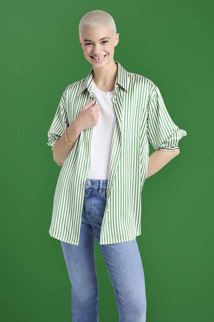 Gestreept shirt van zijde-charmeuse, GREEN, detail image number 0