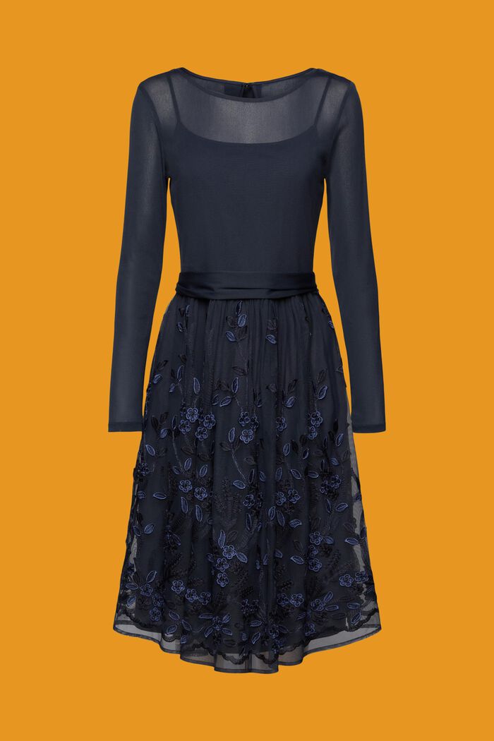 Kanten mini-jurk met gestikte 3D-bloemenmesh, NAVY, detail image number 6