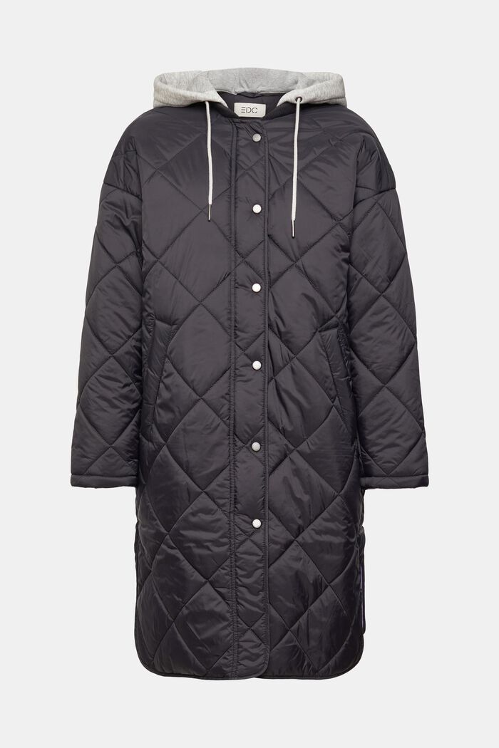 Gewatteerde mantel met afneembare capuchon van sweatstof, BLACK, overview