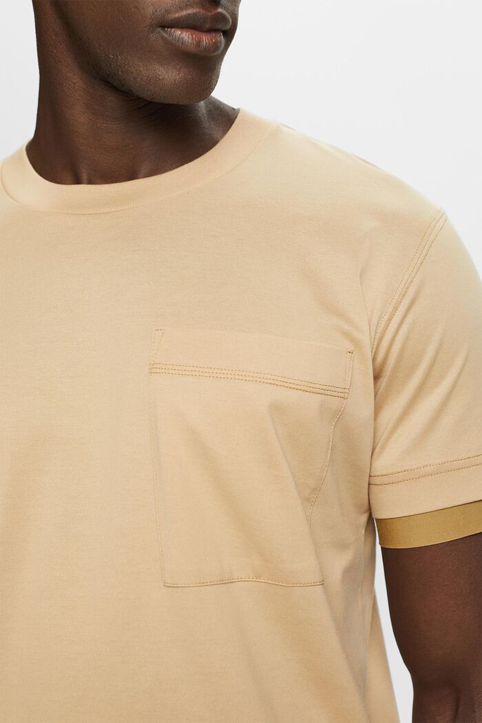 T-shirt met ronde hals in laagjeslook, 100% katoen, SAND, detail image number 2