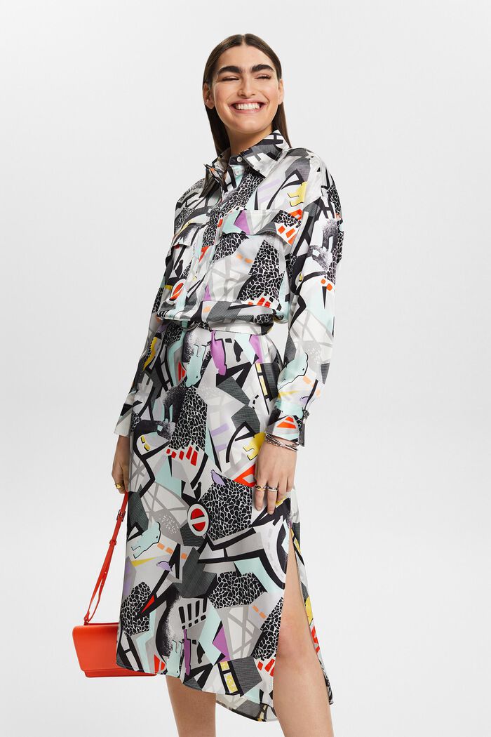 Zijde-satijnen midi-jurk met ceintuur en print, LIGHT BEIGE, detail image number 4