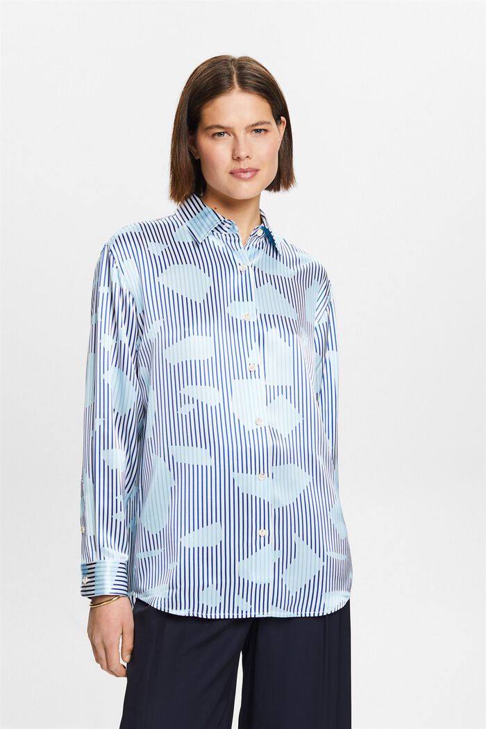 Zijden overhemd met knoopsluiting en print, BRIGHT BLUE, detail image number 0