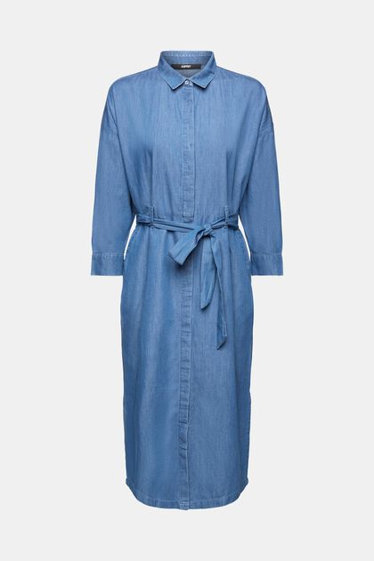 Midi-jurk van katoenen denim met motief en strikceintuur, BLUE MEDIUM WASHED, overview