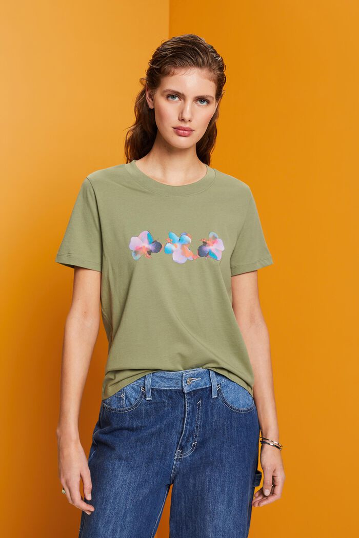 Katoenen T-shirt met bloemetjesprint, LIGHT KHAKI, detail image number 0