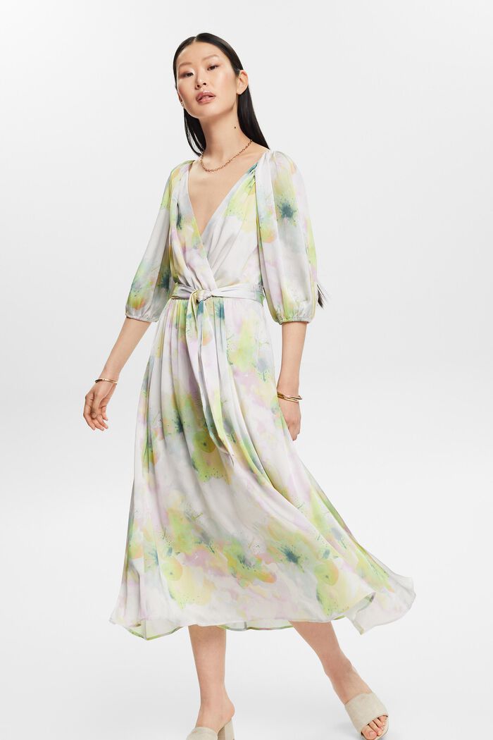 Satijnen maxi-jurk met print en V-hals, NUDE, detail image number 0