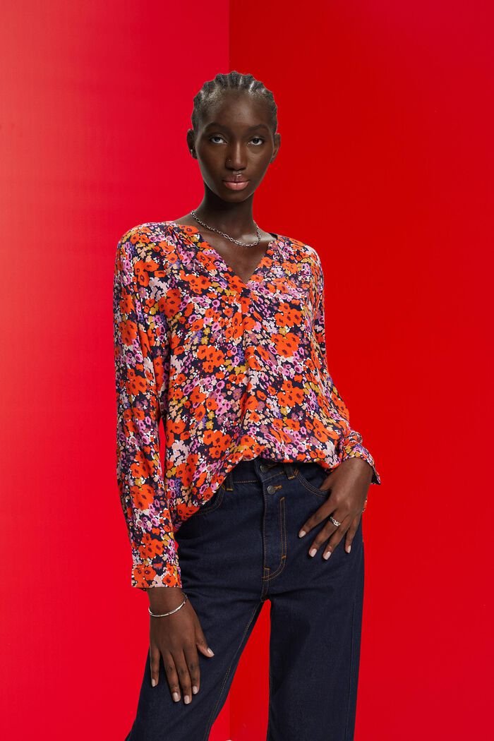 Gebloemde blouse met V-hals, NEW NAVY, detail image number 0