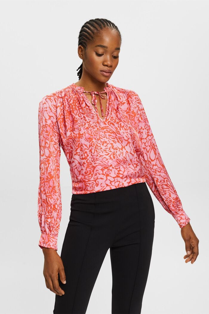 Satijnen blouse met motief en ruchesrand, PINK, detail image number 0
