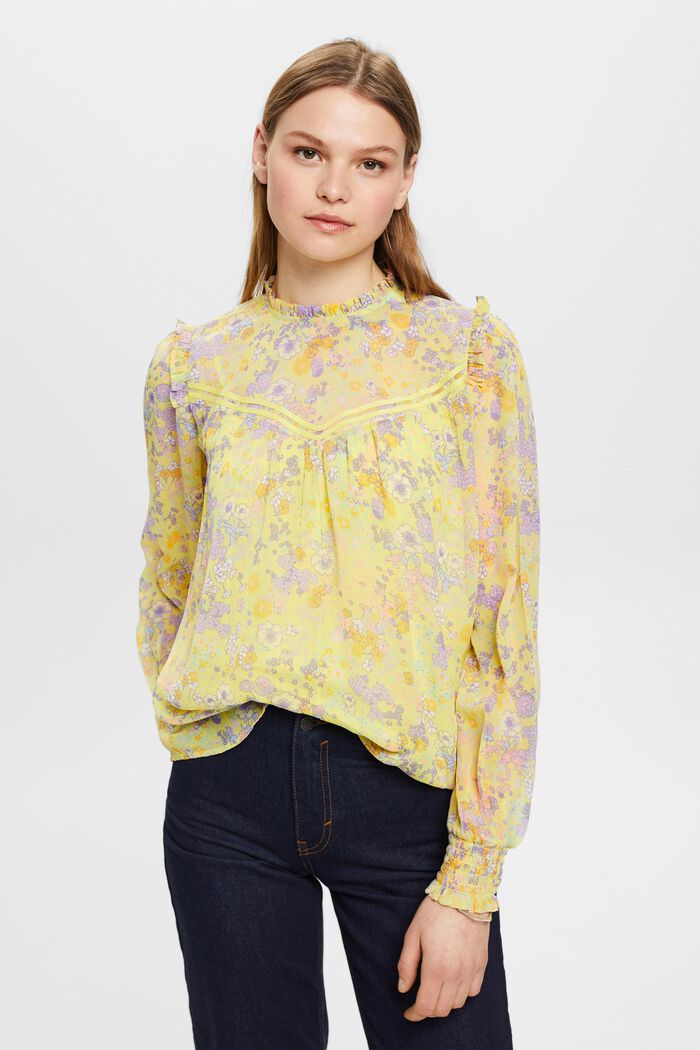 Gebloemde chiffon blouse met ruches, LIGHT YELLOW, detail image number 0