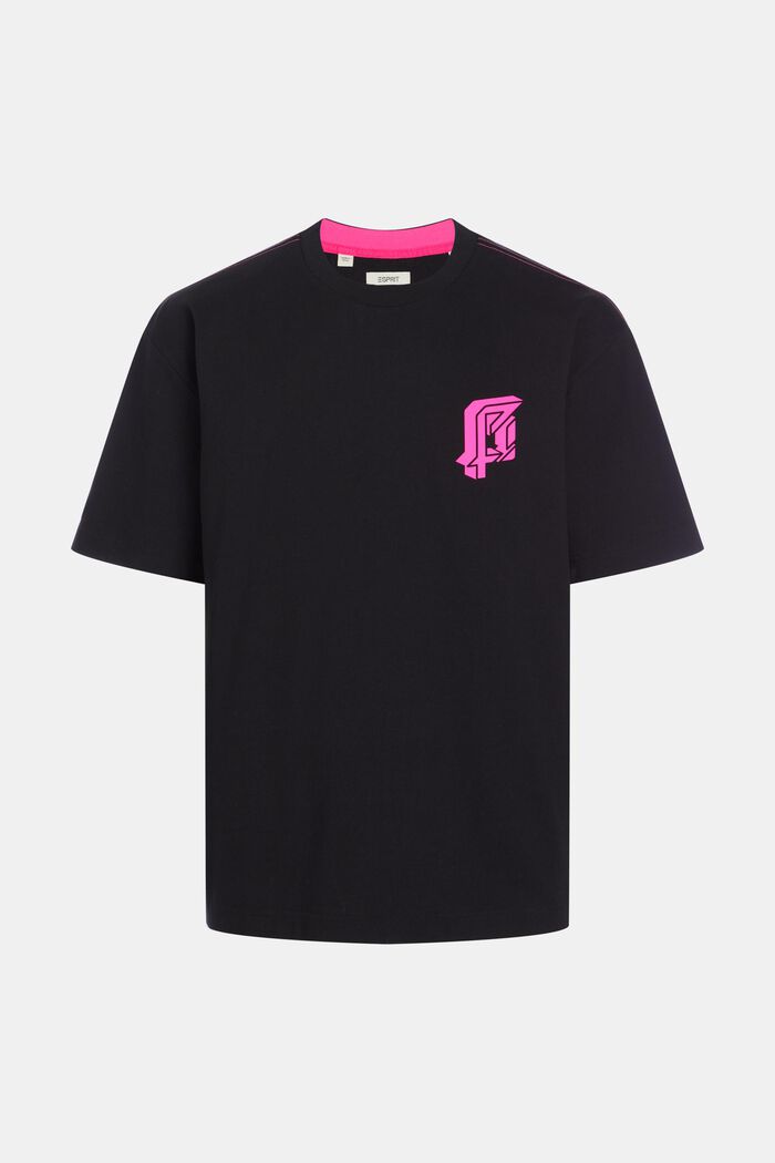 T-shirt met comfortabele pasvorm en neonkleurige print, BLACK, overview