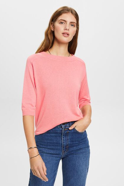 Sweater met kortere mouwen en linnen, PINK, overview