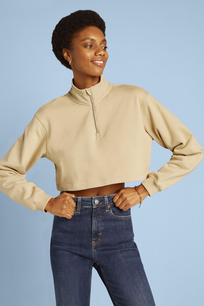 Cropped terry sweater van organic cotton, SAND, detail image number 0