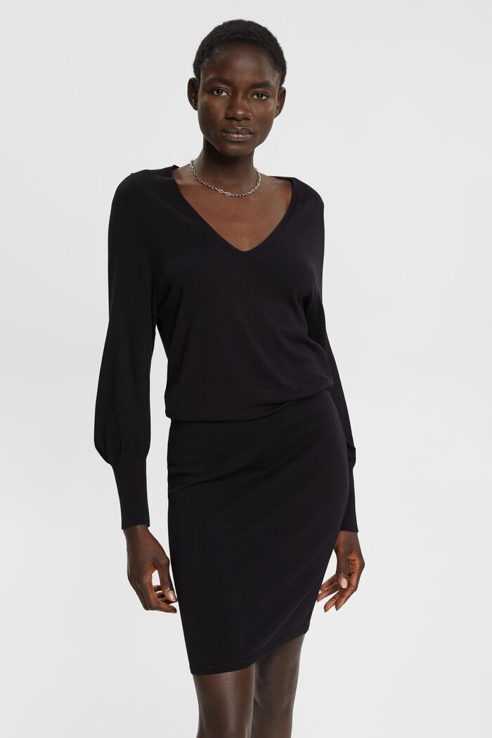 Gebreide jurk met mouwen met split, LENZING™ ECOVERO™, BLACK, detail image number 1
