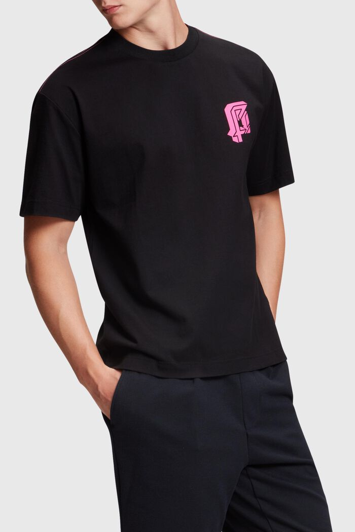 T-shirt met comfortabele pasvorm en neonkleurige print, BLACK, detail image number 0
