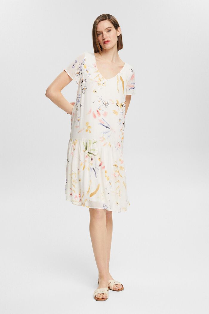 Chiffon jurk met bloemenmotief, LENZING™ ECOVERO™, OFF WHITE, detail image number 1