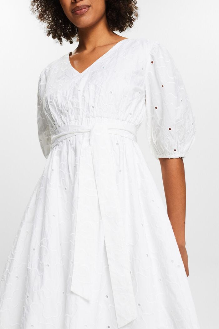 Midi-jurk met pofmouwen en ceintuur, WHITE, detail image number 3
