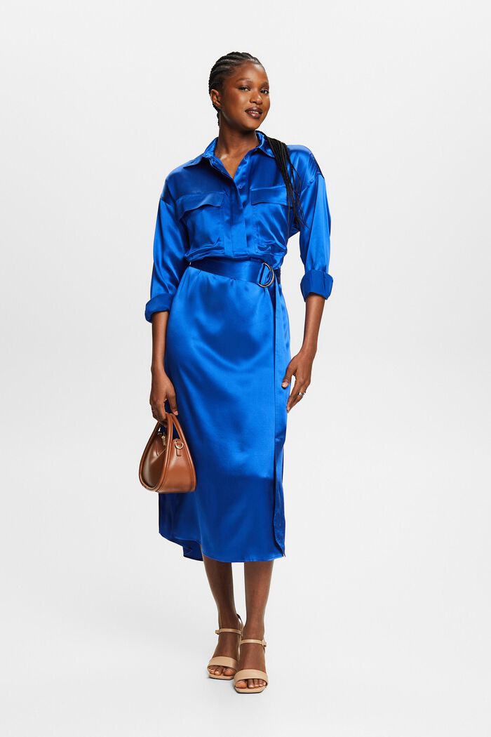 Zijden midi-jurk met ceintuur, BRIGHT BLUE, detail image number 4